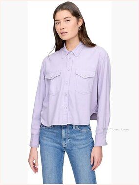 Cropped Denim Button Down Shirt Short Sleeve Crew Neck